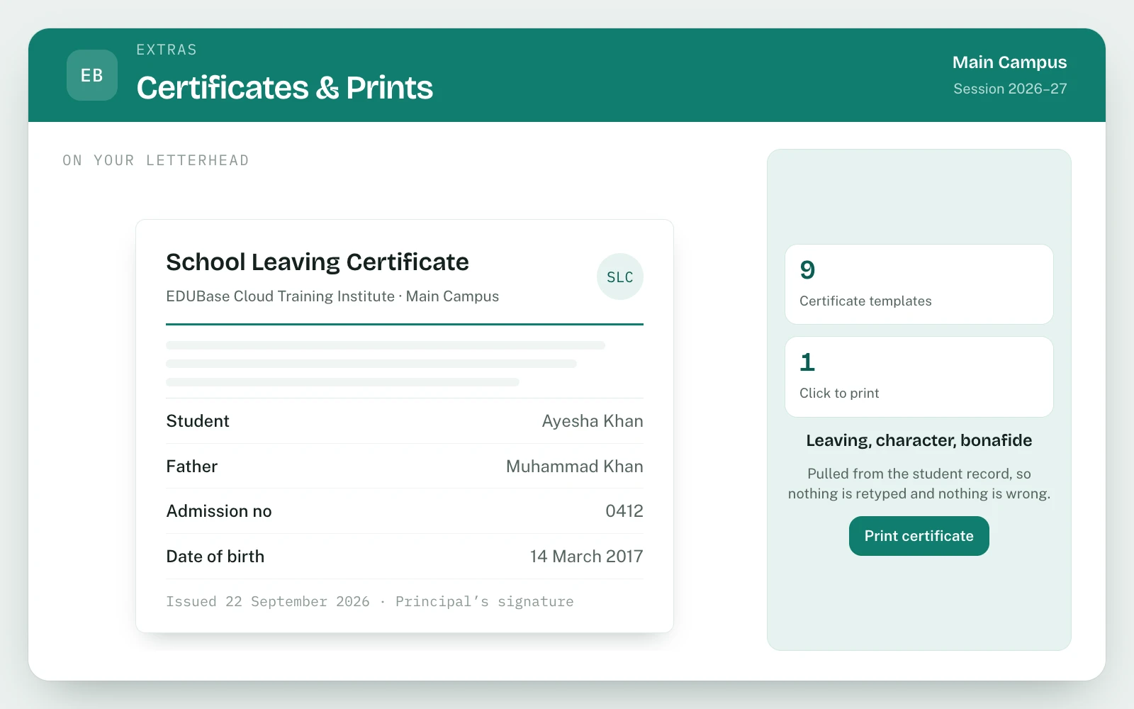 Certificates, Cards & Print Designs in EDUBase (1 of 2)