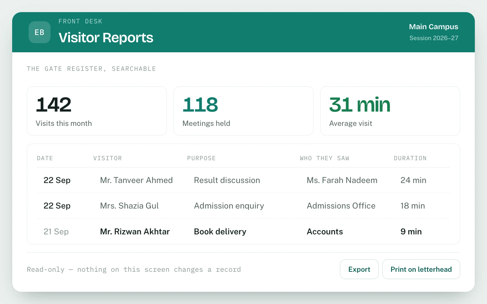Front Desk & Visitor Management in EDUBase (5 of 5)