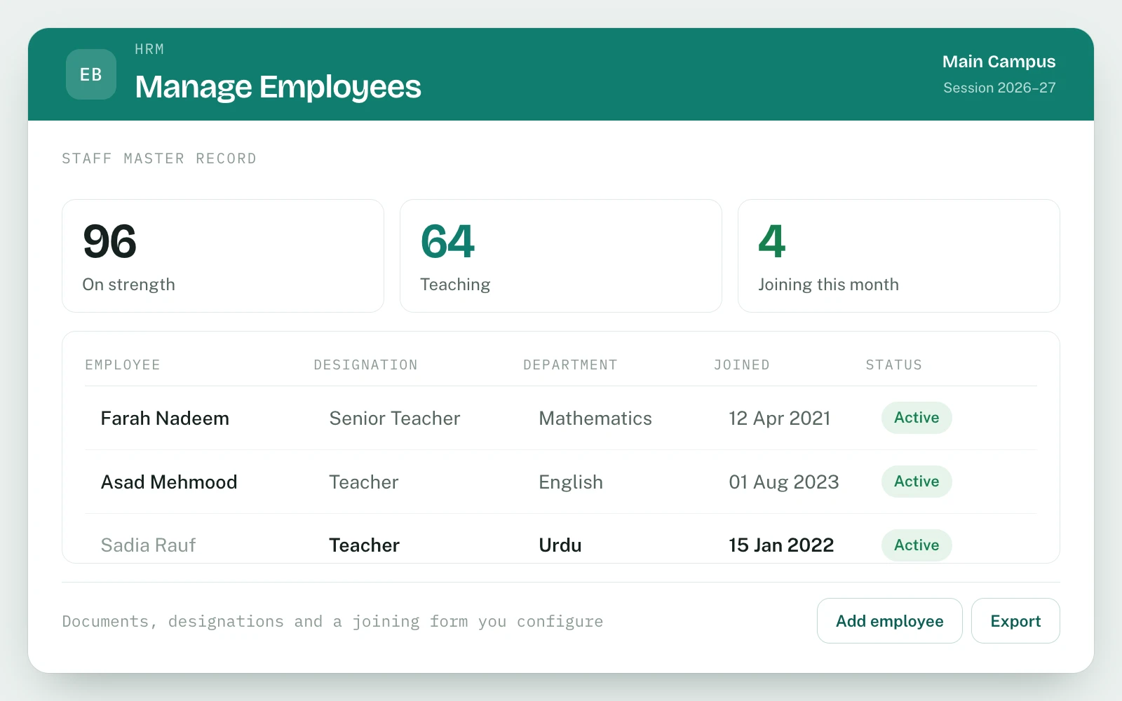 Staff Management (HRM) in EDUBase (1 of 3)