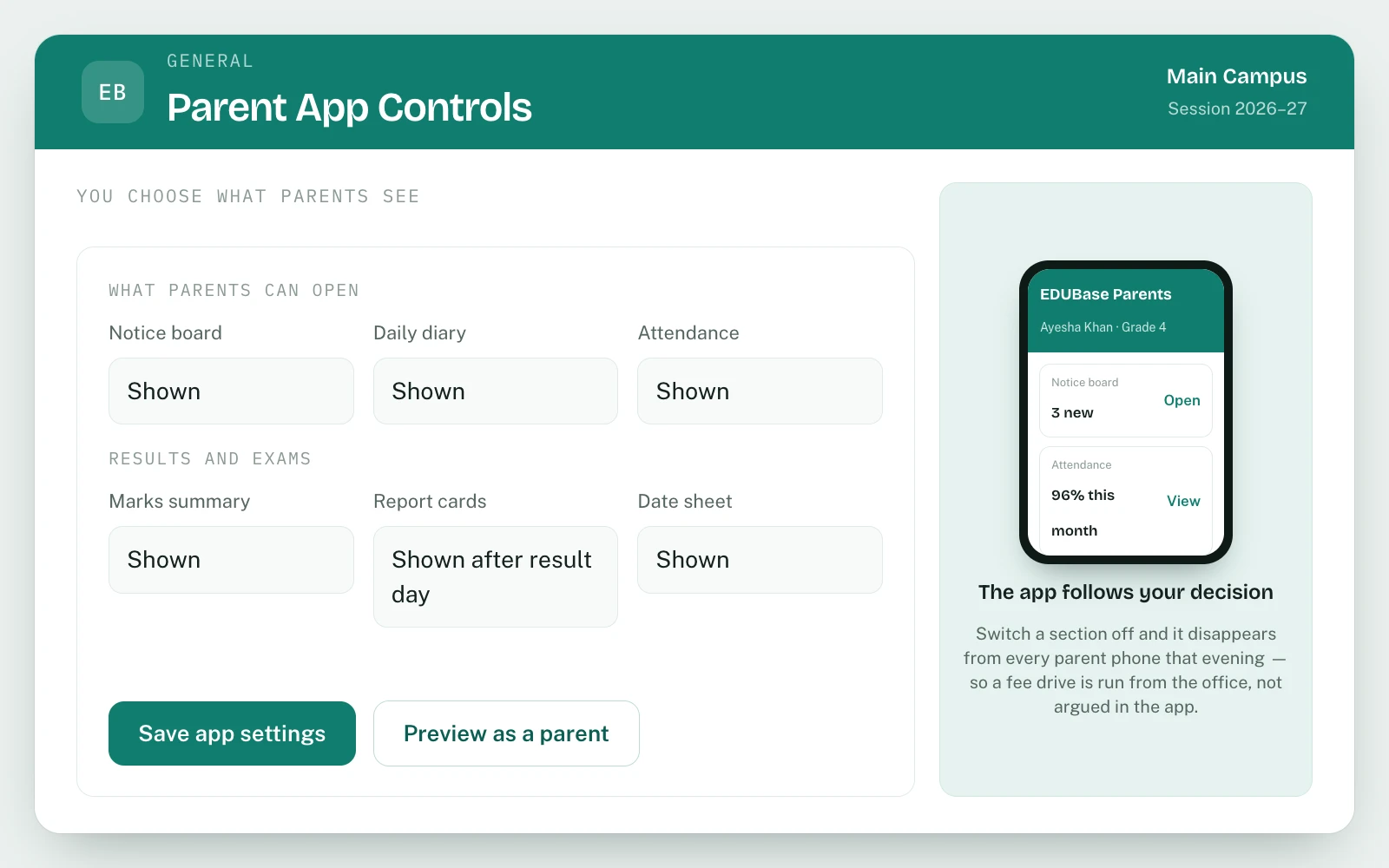 Parents App Controls in EDUBase (1 of 3)
