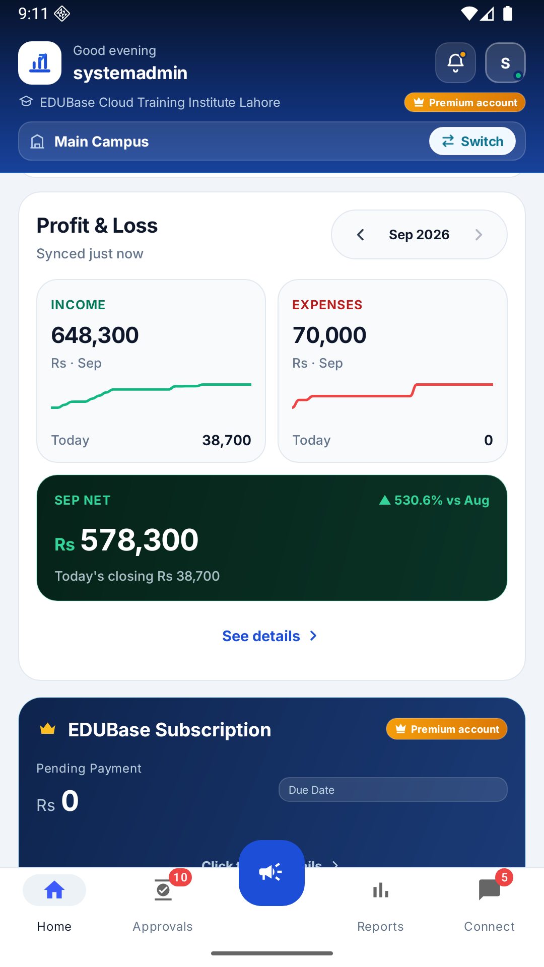 EDUBase Owners app: Dashboard, shown with EC779 demo data